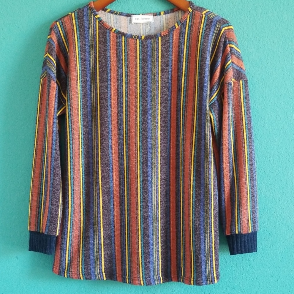 {Ces Femme} Multi-Color Shiny Stripe Fall Sweater - image 1